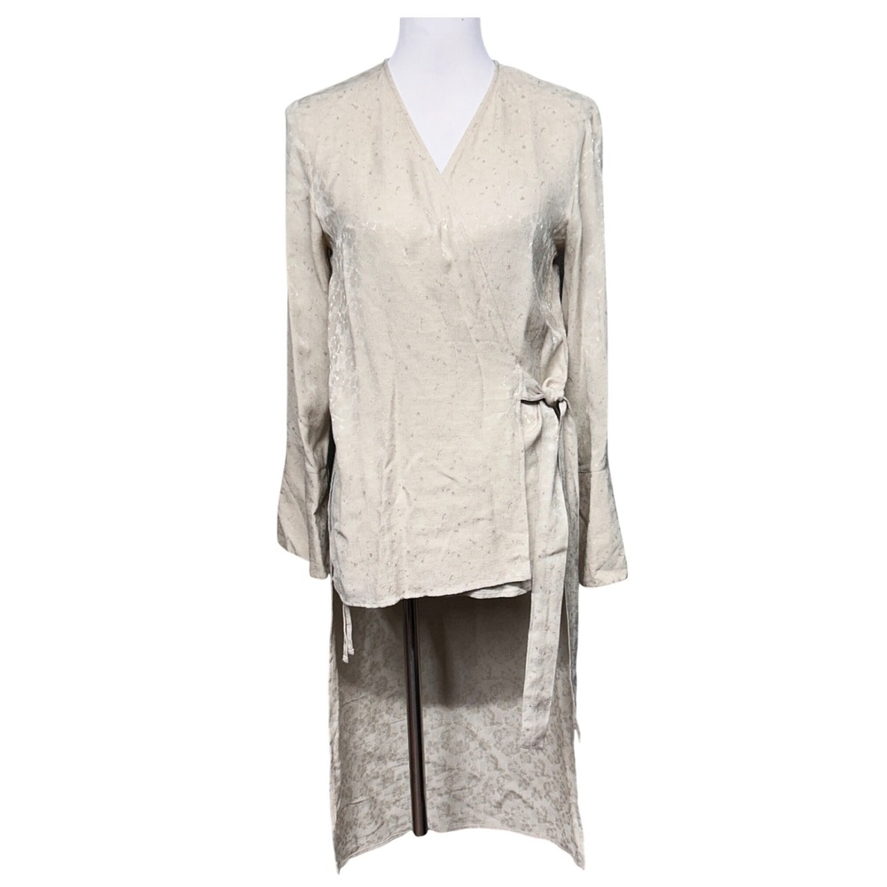 Zara Basic Wrap Top Women Small Beige NWT Jacquard High Low Long Sleeve Blouse
